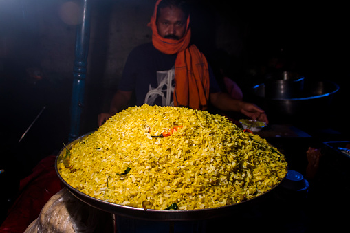 Raipur, India - March 08, 2020: Street vendor selling Poha in early morning in, Raipur, India.