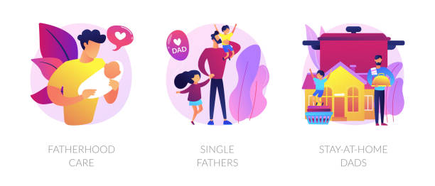 Men taking paternity leave abstract concept vector illustrations Men taking paternity leave metaphors. Caring single father, stay-at-home dad, parenting. Daddy spending time with kid. Fatherhood and childcare abstract concept vector illustration set. paternity stock illustrations