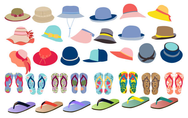 set with cute and colorful summer accessories hats, and flip flops Vector set with cute and colorful summer accessories hats, flip flops for beach holiday design. Collection of accessories for men and women clothes icons sun hat stock illustrations