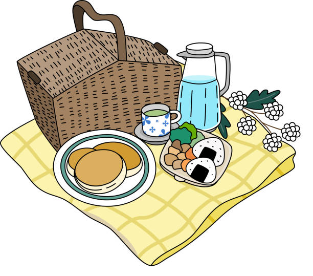 romantický piknik venku se snadným jídlem a sladkým dezertem - piknik stock ilustrace