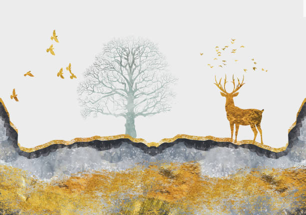 istock Chinese 3D mural Wallpaper with light flat simple mountain background . tree and colored branches . birds and tree . flowers and deer in forest 1257804481