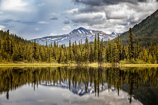 View of Alaskan Mountain Range reflecting in a lake ,Denali National Park, Alaska