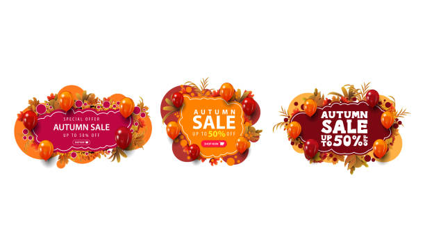 istock Set of colorful autumn discount web banners in graffiti style with large offer, button, frame of autumn leaves and balloons. Red and orange abstract banners isolated on white background 1257805491