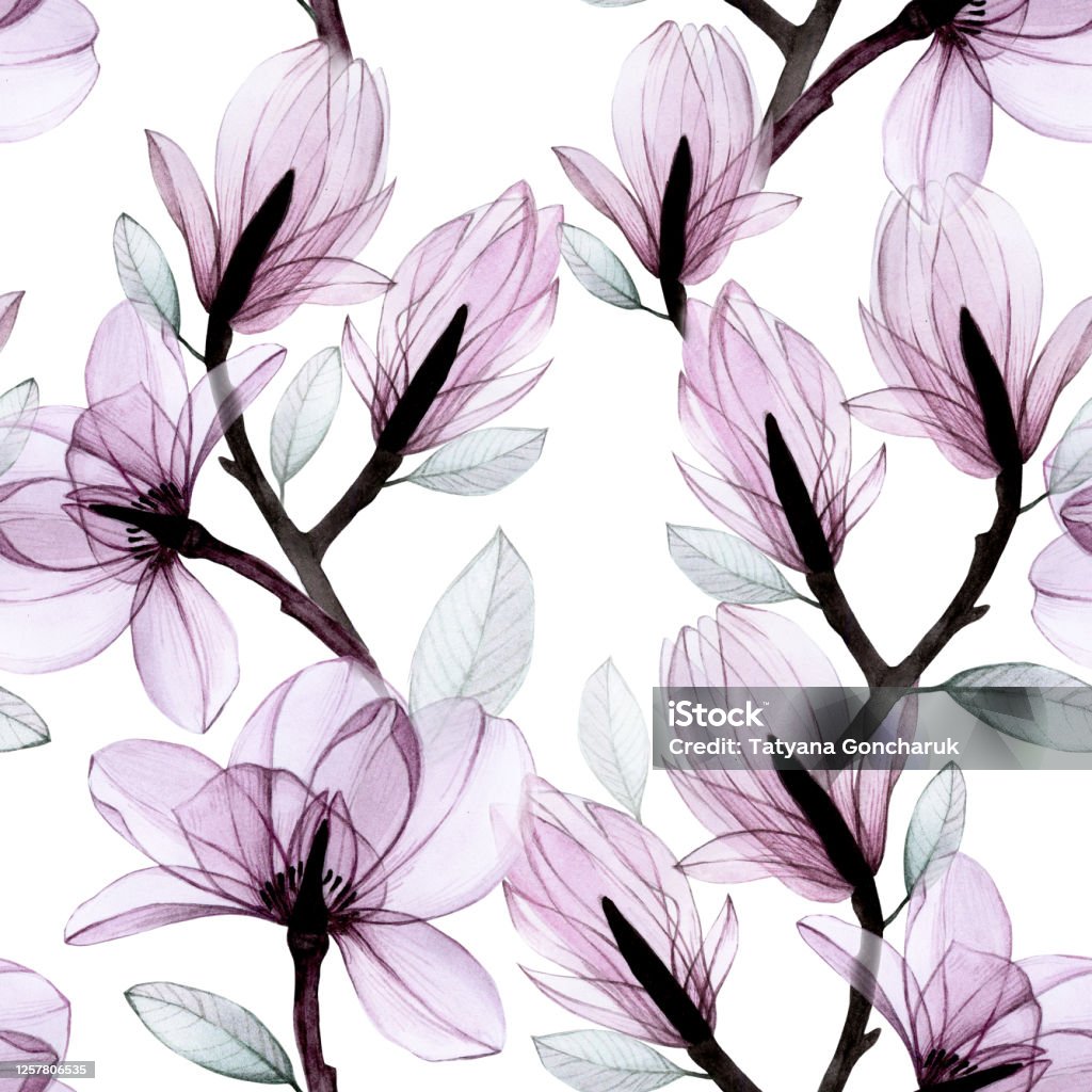 Seamless Pattern Watercolor Transparent Flowers Transparent