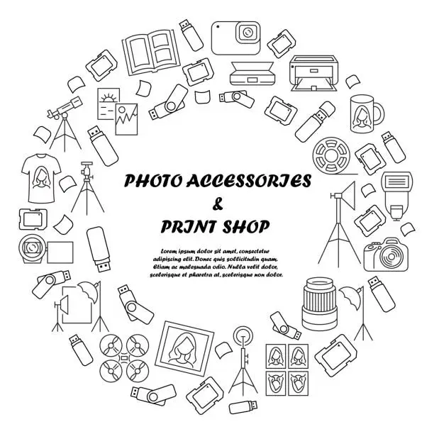 Vector illustration of Photo accessories and equipment circle banner. Template for print shop. Copy center. Photos of the documents. Digital and optical technology. Design and printing on mugs and t-shirts.