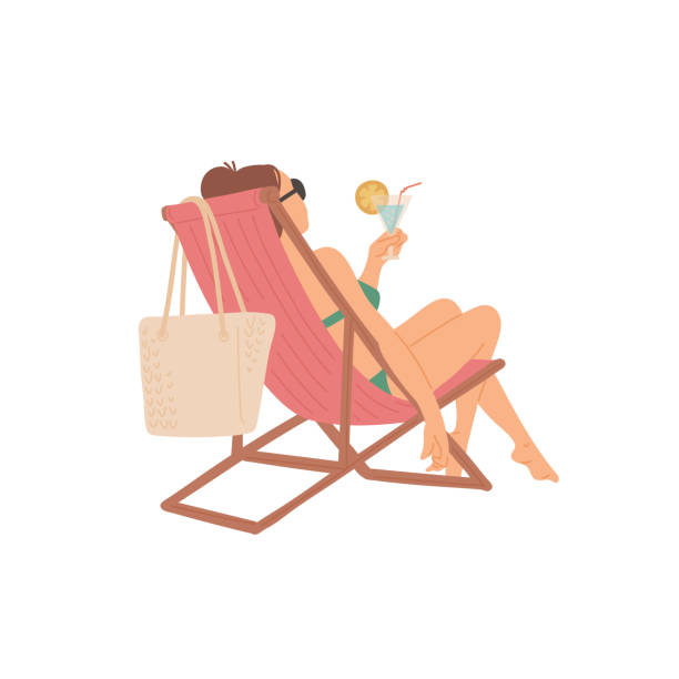 stockillustraties, clipart, cartoons en iconen met de zitting van het meisje op chaise longue met cocktail in haar handen. ontspannende vakantie. vector vlakke beeldverhaal geïsoleerde illustratie. - sunbathing