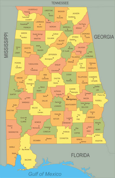 Flat map of Alabama Detailed map of Alabama with surroundings, provinces and capital alabama state map with cities stock illustrations