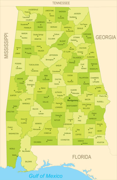 Flat map of Alabama Detailed map of Alabama with surroundings, provinces and capital alabama state map with cities stock illustrations