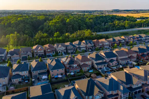 Photo of Aerial view Purpleville, Kleinburg at Teston road and Highway 400, detached and duplex house at Woodbridge in Vaughan, Ontario, Canada