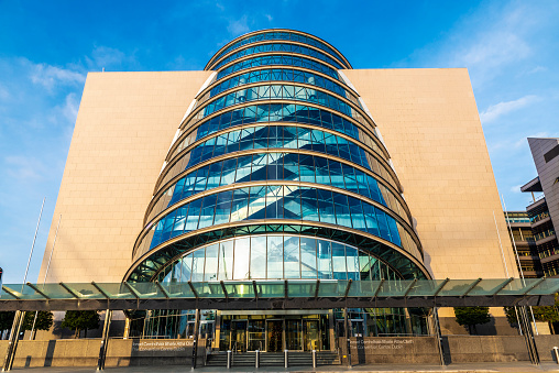 Dublin, Ireland - January 1, 2020: Facade of the Convention Centre Dublin, designed by the architect Kevin Roche, in Grand Canal Dock, Dublin, Ireland