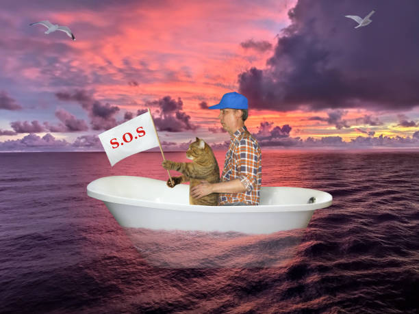 istock Man and cat in bathtub after shipwreck 1257811803