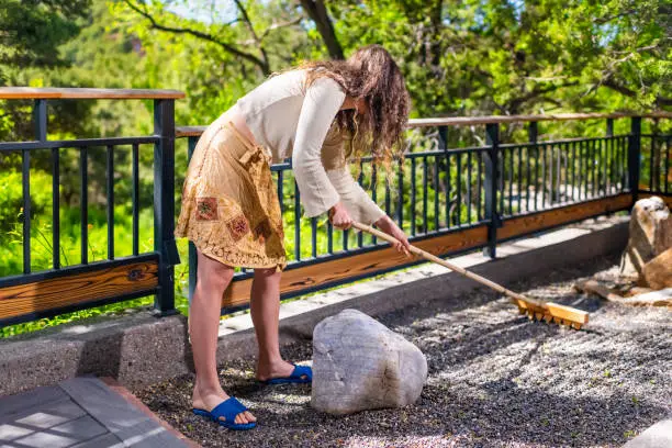 Zen rock garden outside in Japan with woman holding rake raking stone making pattern on gravel with fence and green foliage background