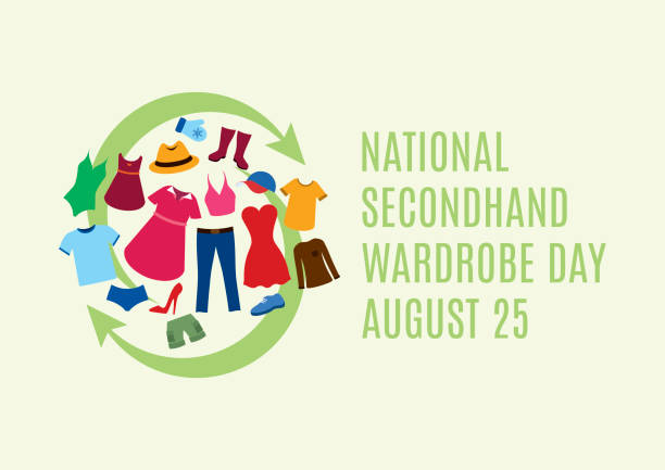 National Secondhand Wardrobe Day vector Second hand clothes vector. Different types of clothes icon set. Sustainable Fashion icon. Secondhand Wardrobe Day Poster, August 25 sustainable fashion stock illustrations