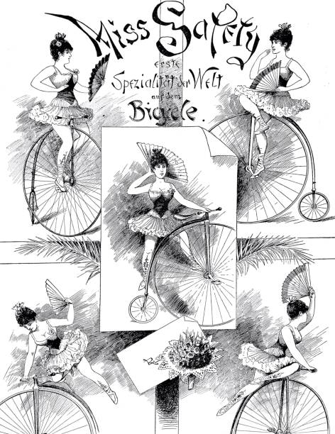 Female penny farthing bicycle performer: Miss Safety first bicycle artist Illustration from 19th century penny farthing bicycle stock illustrations