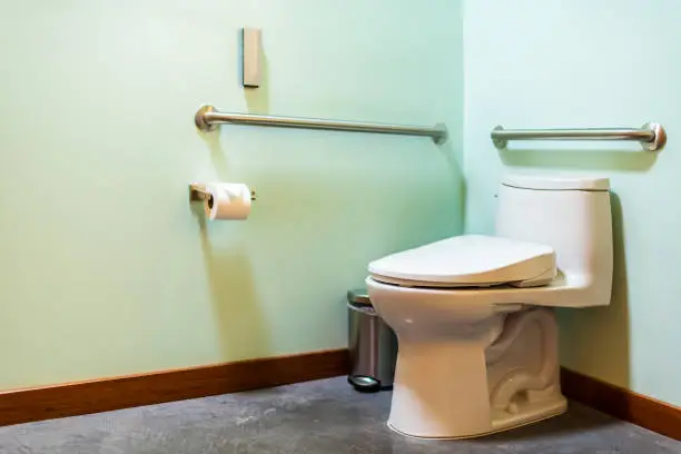 Modern handicapped accessible clean bathroom interior with Japanese modern toilet restroom green color wall and concrete floor with toilet paper tissue rolls and trash can