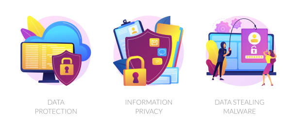 Information safety vector concept metaphors Database security software. Cyber crime, computer system hacking malware. Data protection, information privacy, data stealing metaphors. Vector isolated concept metaphor illustrations identity theft stock illustrations