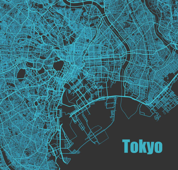 Stylish vector high-tech map of Tokyo, Japan. Stylish vector high-tech map of Tokyo, Japan. with blue streets for print or background kanto region stock illustrations
