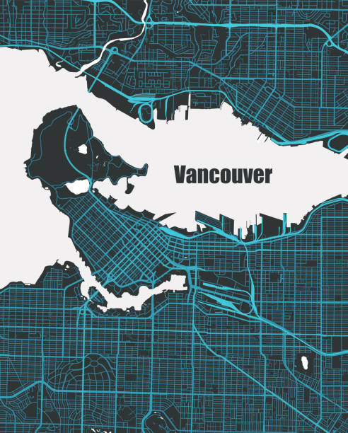 Stylish vector high-tech map of Vancouver, BC. Stylish vector high-tech map of Vancouver, BC. with blue streets for print or background vancouver financial district stock illustrations