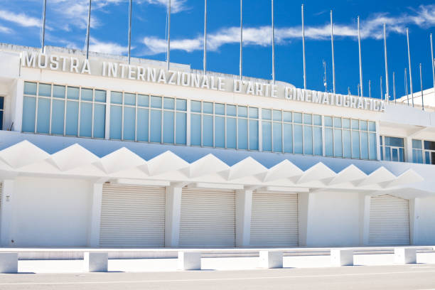 Venice film Festival Building Venice, Italy - July 12, 2020: Close-up of the empty  area of the Venice Film Festival Palace, Italy. premio stock pictures, royalty-free photos & images