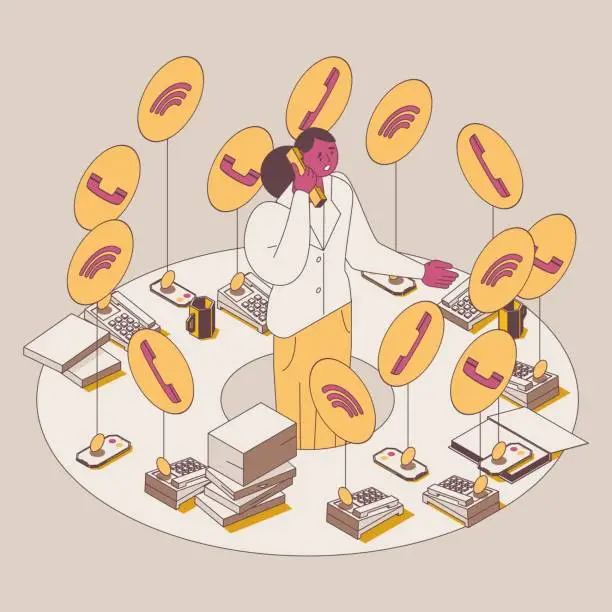Vector illustration of Concept isometric illustration with overworking woman with lots of phone calls. Telephones and mobile phones calling around. Stressed character in outline mode
