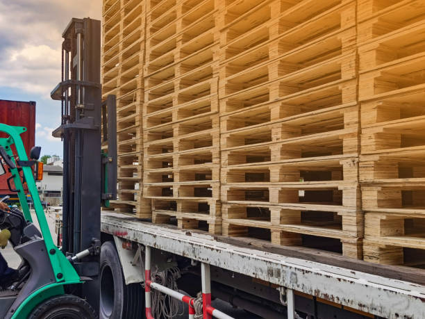istock Worker driving forklift to loading and unloading wooden pallets from truck to warehouse cargo storage, shipment in logistics and transportation industrial, wood pallets stack 1257820905