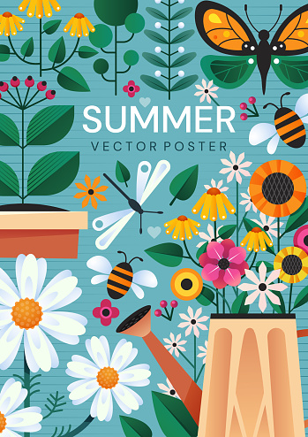 Summer poster design with colorful garden flowers, a watering can and insects over a blue background, colored vector illustration