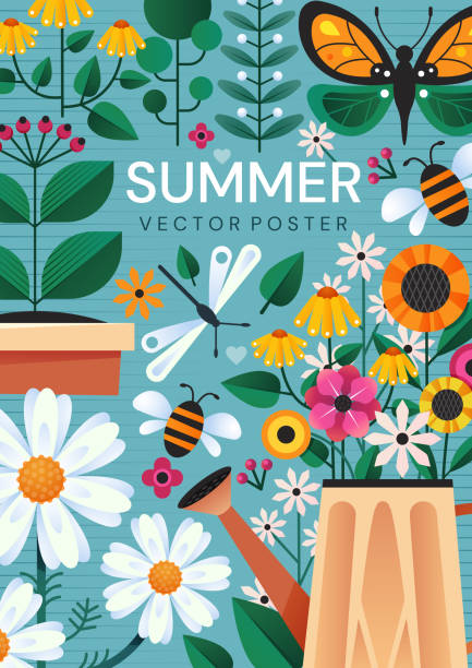 Summer poster with garden flowers and insects Summer poster design with colorful garden flowers, a watering can and insects over a blue background, colored vector illustration isolated fruits stock illustrations