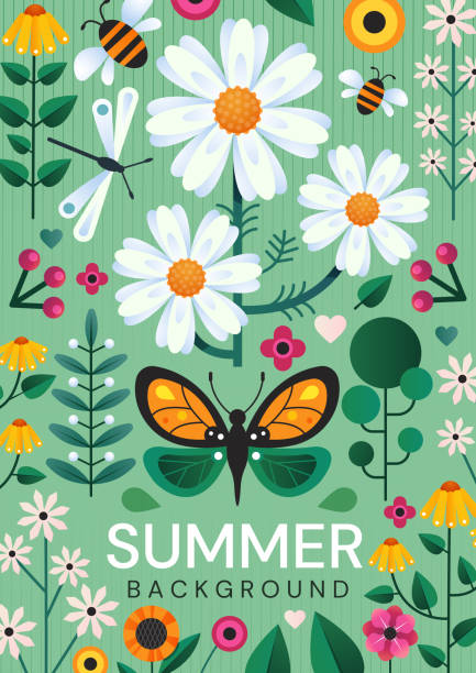 Summer poster design with colorful wild flowers Summer poster design with colorful wild meadow flowers, and flying insects over a green background, colored vector illustration brochure cover illustrations stock illustrations