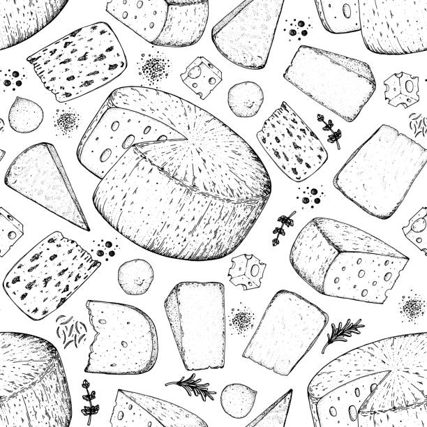 ilustrações de stock, clip art, desenhos animados e ícones de cheese seamless pattern. hand drawn vector illustration. vintage food background. engraved style. different cheese kinds background. - cheese food swiss cheese dairy product