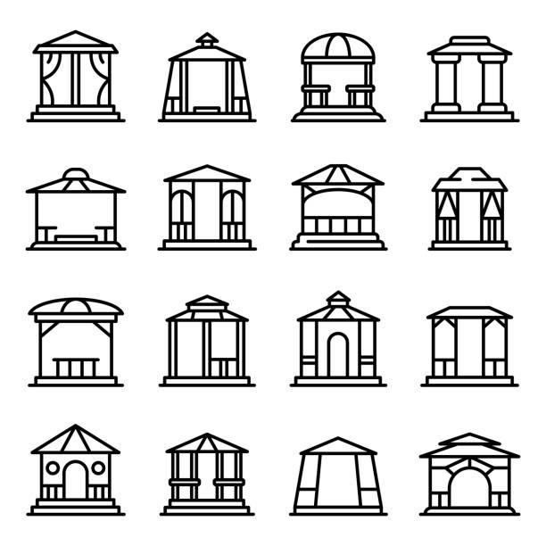 Gazebo icons set, outline style Gazebo icons set. Outline set of gazebo vector icons for web design isolated on white background pavilion stock illustrations