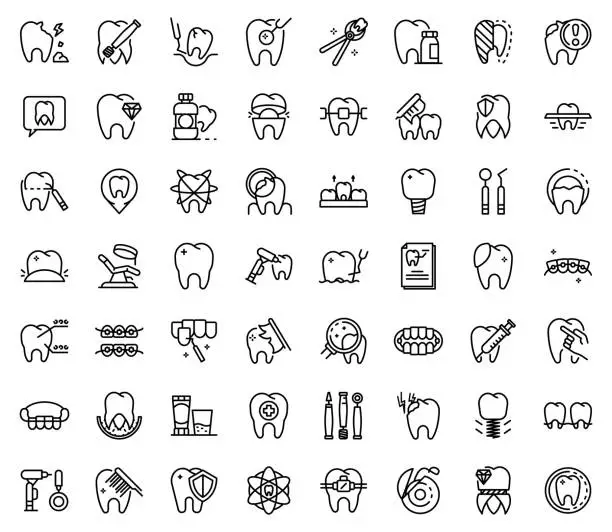 Vector illustration of Tooth restoration icons set, outline style