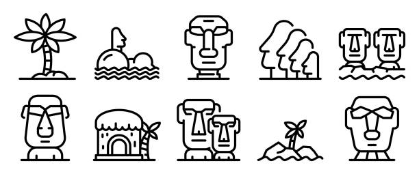 illustrazioni stock, clip art, cartoni animati e icone di tendenza di set icone isola di pasqua, stile contorno - easter island moai statue chile sculpture