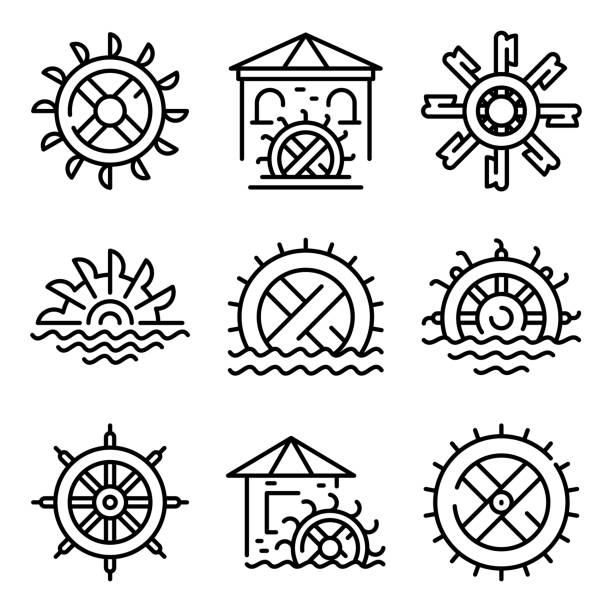 wassermühle icons set, umrissstil - rohstoffverarbeitende fabrik stock-grafiken, -clipart, -cartoons und -symbole