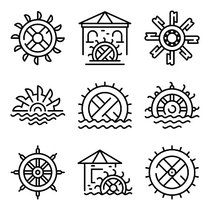 Water mill icons set. Outline set of water mill vector icons for web design isolated on white background