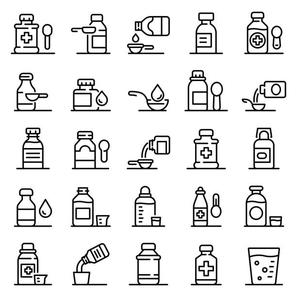 ilustrações, clipart, desenhos animados e ícones de conjunto de ícones de xarope de tosse, estilo de contorno - syrup