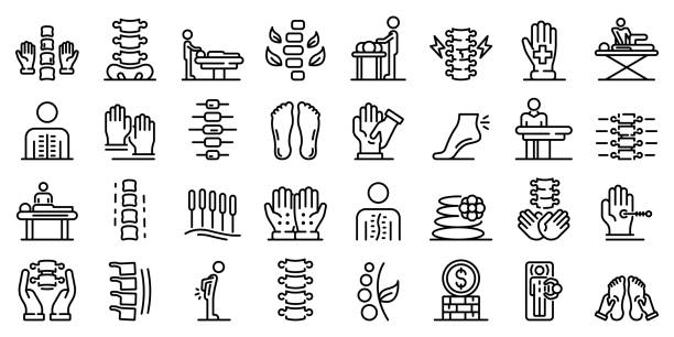 illustrazioni stock, clip art, cartoni animati e icone di tendenza di set di icone dell'osteopatia, stile del contorno - osteopata