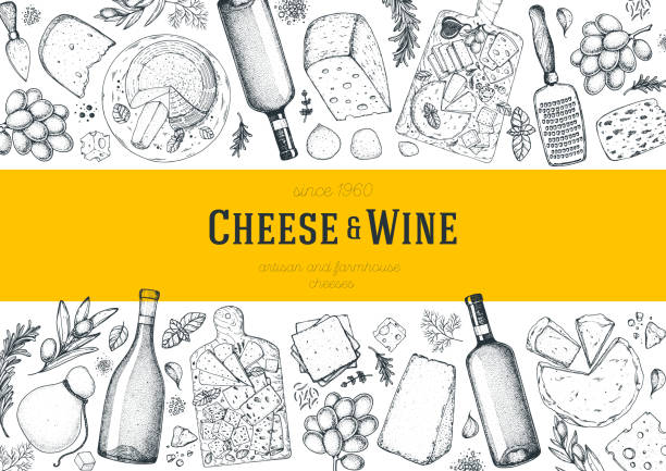 Cheese and wine design template. Hand drawn sketch. Retro food background. Menu restaurant. Gourmet food set. Vintage cheese, spice, wine drawings. Dairy products frame Cheese and wine design template. Hand drawn sketch. Retro food background. Menu restaurant. Gourmet food set. Vintage cheese, spice, wine drawings. Dairy products frame wine illustrations stock illustrations