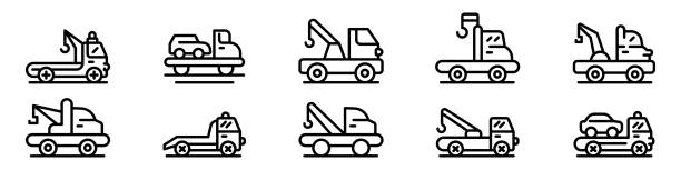 abschleppen lkw-symbole gesetzt, umriss-stil - tow truck towing car truck stock-grafiken, -clipart, -cartoons und -symbole