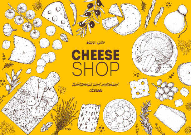 Cheese design template. Hand drawn sketch. Retro food background. Different cheese kinds banner. Dairy farm products cheese. Cheese design template. Hand drawn sketch. Retro food background. Different cheese kinds banner. Dairy farm products cheese. swiss cheese slice stock illustrations