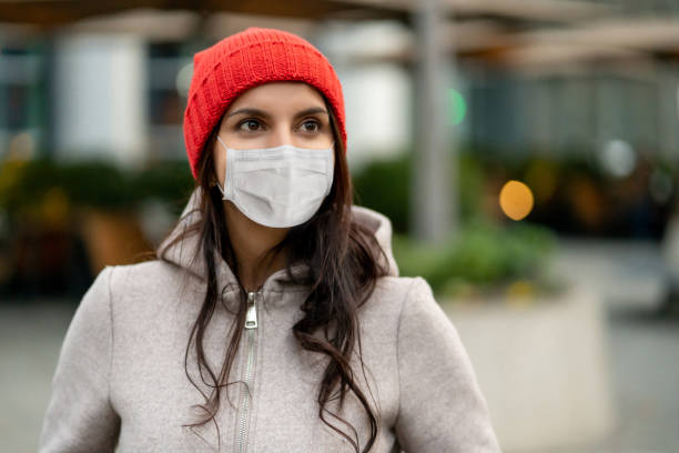 istock Woman wearing a facemask outdoors on a winter day 1257821471