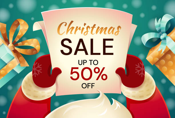 Colorful seasonal Christmas Sale poster Colorful seasonal Christmas Sale poster offering a 50 percent reduction in price held in the hands of Santa Claus, colored vector illustration santa letter stock illustrations
