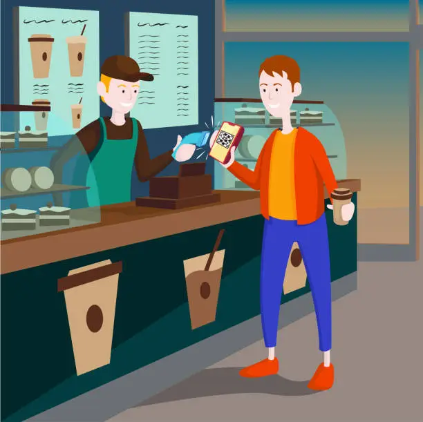 Vector illustration of Customer making payment through mobile phone at counter in coffee shop