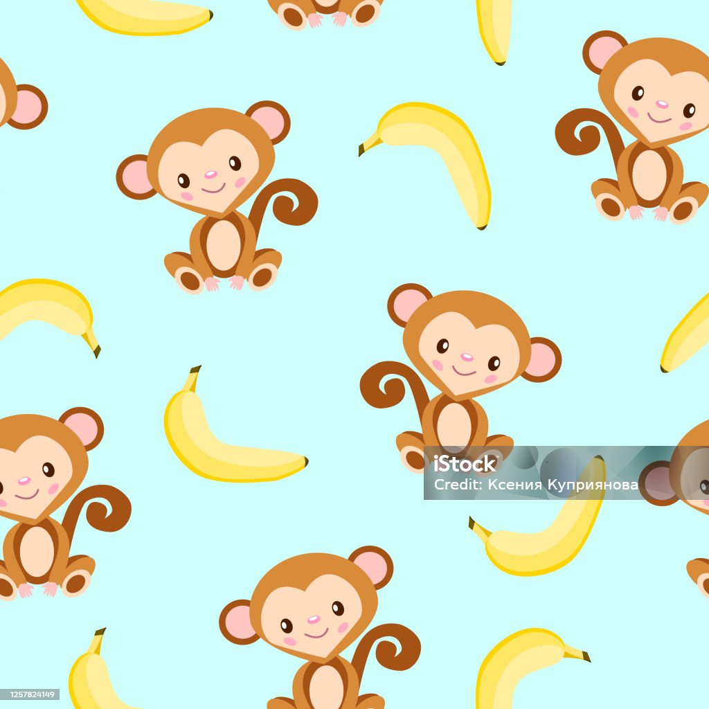 Seamless Pattern With Monkey And Yellow Banana Blue Background Flat Cartoon  Style Healthy Food Vegan And Vegetarian Lifestyle For Children For  Postcards Wallpaper Textile And Wrapping Paper Stock Illustration -  Download Image