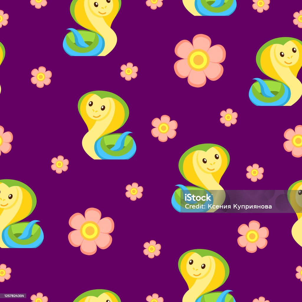 Green Yellow And Blue Snake And Pink Flowers Seamless Pattern Purple  Background Cartoon Style Funny And Cute African Animal Nature And Ecology  Postcards Wallpaper Textile And Wrapping Paper Stock Illustration - Download