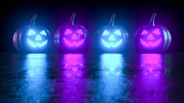 calabazas 3d para halloween con cara espeluznante, jack o' lantern, relámpago de neón - holiday autumn season halloween fotografías e imágenes de stock