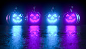 3D Pumpkins for Halloween with spooky face, Jack O' Lantern, Neon lightning