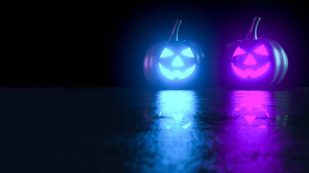 istock 3D Pumpkins for Halloween with spooky face, Jack O' Lantern, Neon lightning 1257824549