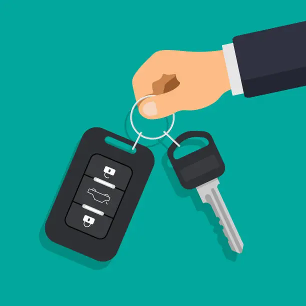 Vector illustration of Hand holding car key and of the alarm system.