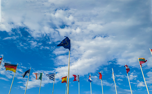 European countries flags  on a background of sky.