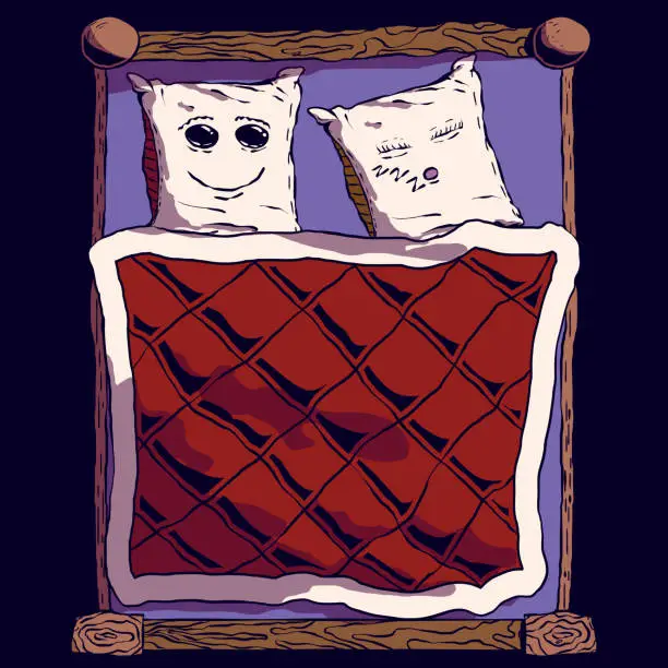 Vector illustration of Hand-drawn cute cartoon bed illustration - Pillows with cute faces.
